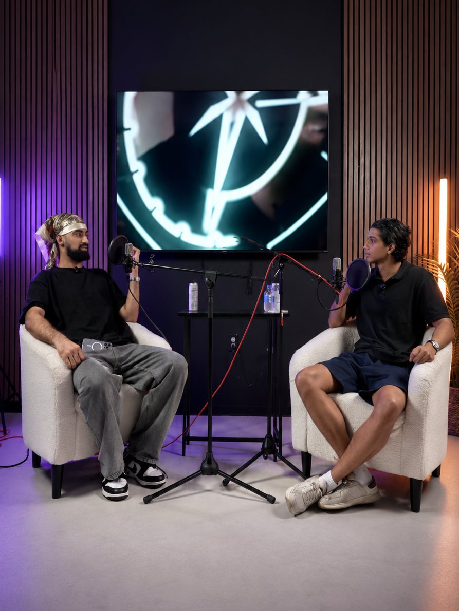 Two-person podcast session in the wood set