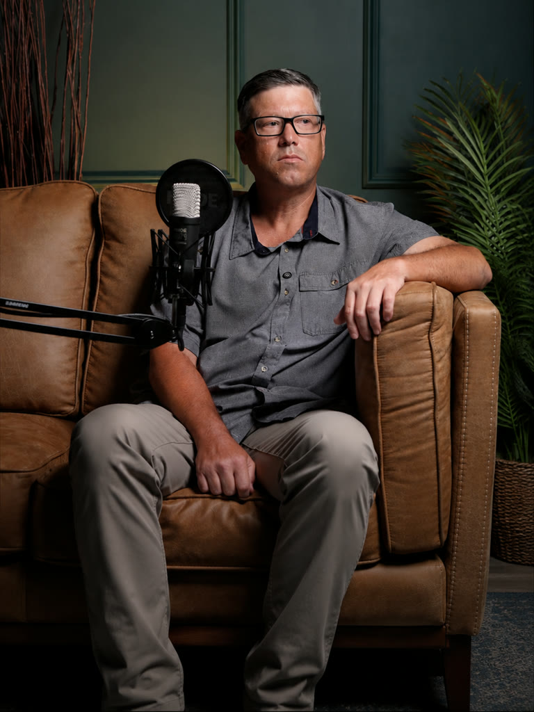 Podcast guest on the leather couch in the BB Studios green set